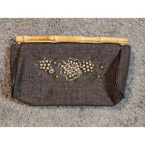 Vintg Boho Beaded Brown Fabric Clutch Bamboo Cane Handles Floral Earthy Hippie